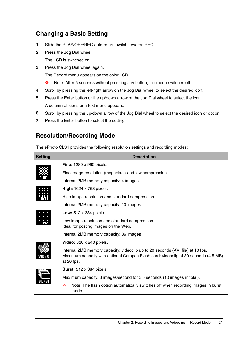 Changing a basic setting, Resolution/recording mode | AGFA ePhoto CL34 User Manual | Page 24 / 53