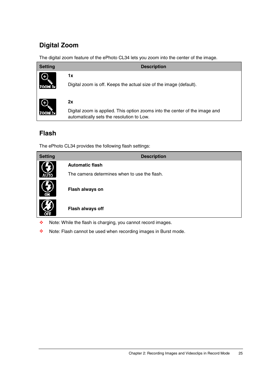 Digital zoom, Flash | AGFA ePhoto CL34 User Manual | Page 25 / 53