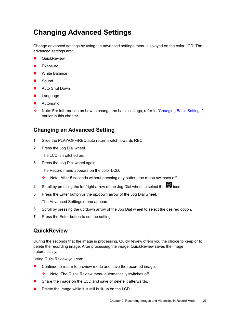 Changing advanced settings, Changing an advanced setting, Quickreview | AGFA ePhoto CL34 User Manual | Page 27 / 53