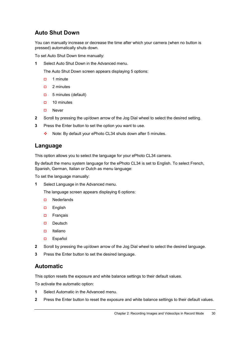 Auto shut down, Language, Automatic | AGFA ePhoto CL34 User Manual | Page 30 / 53