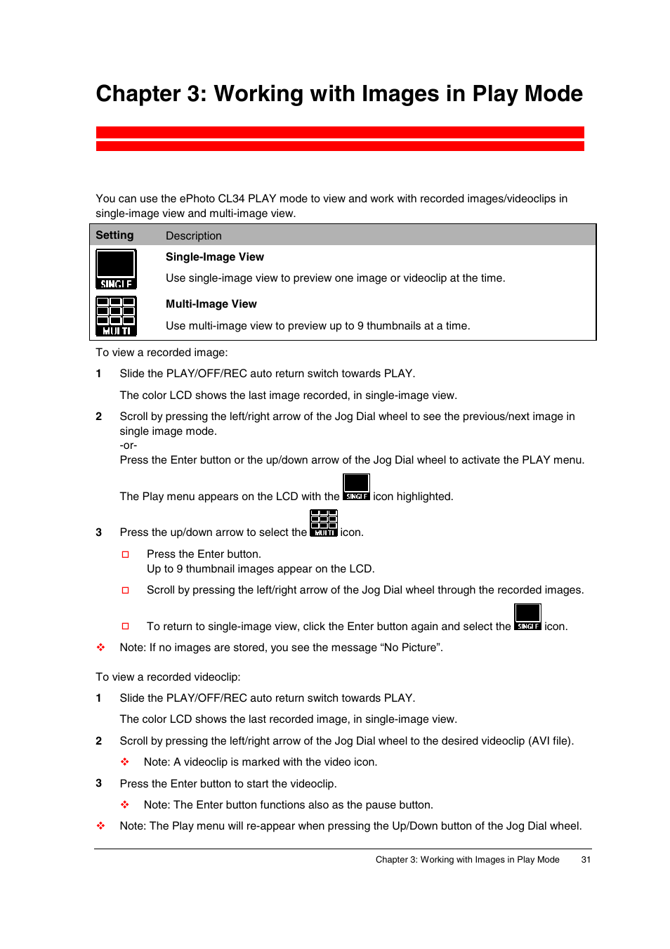 Chapter 3: working with images in play mode | AGFA ePhoto CL34 User Manual | Page 31 / 53
