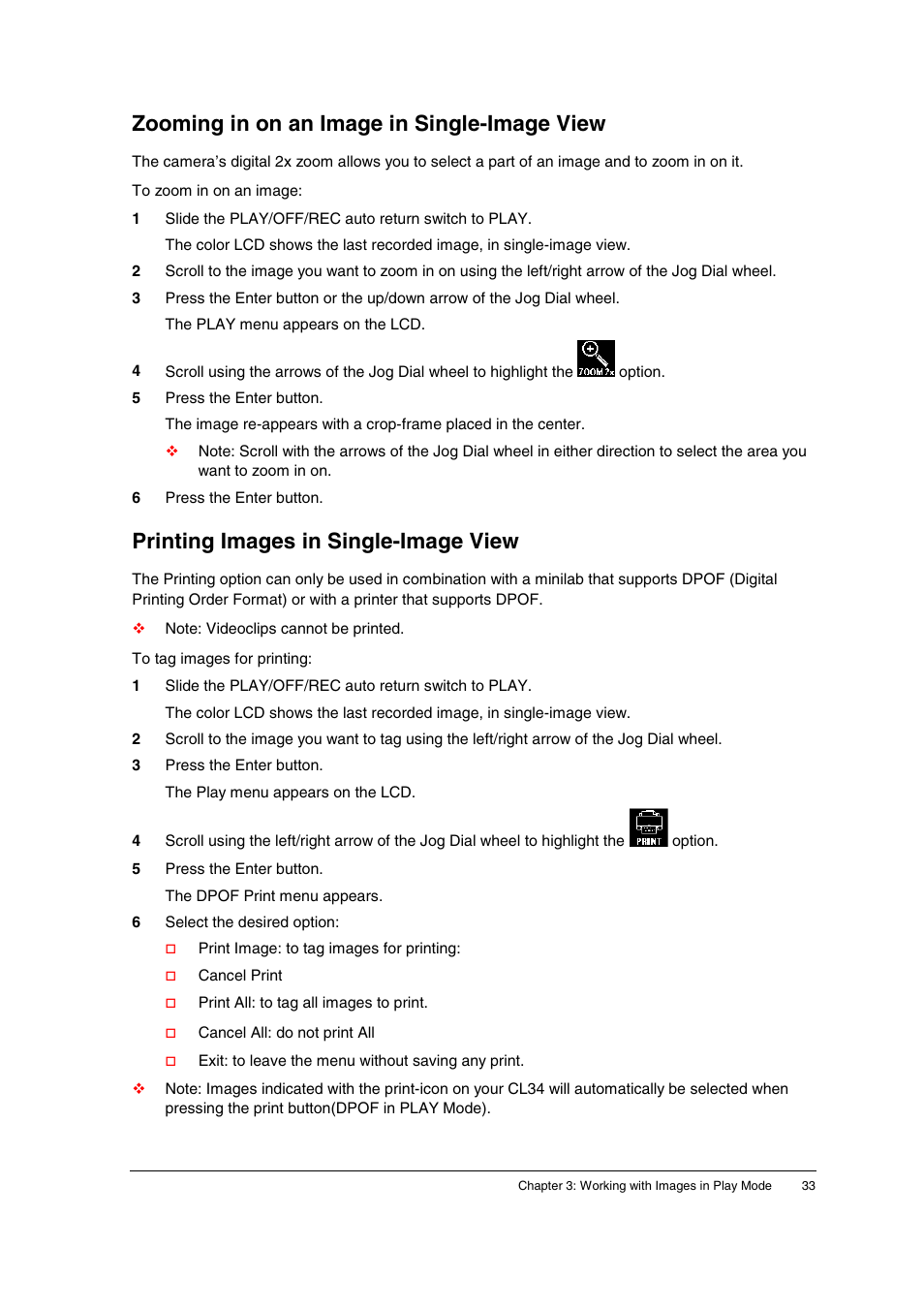 Zooming in on an image in single-image view, Printing images in single-image view | AGFA ePhoto CL34 User Manual | Page 33 / 53