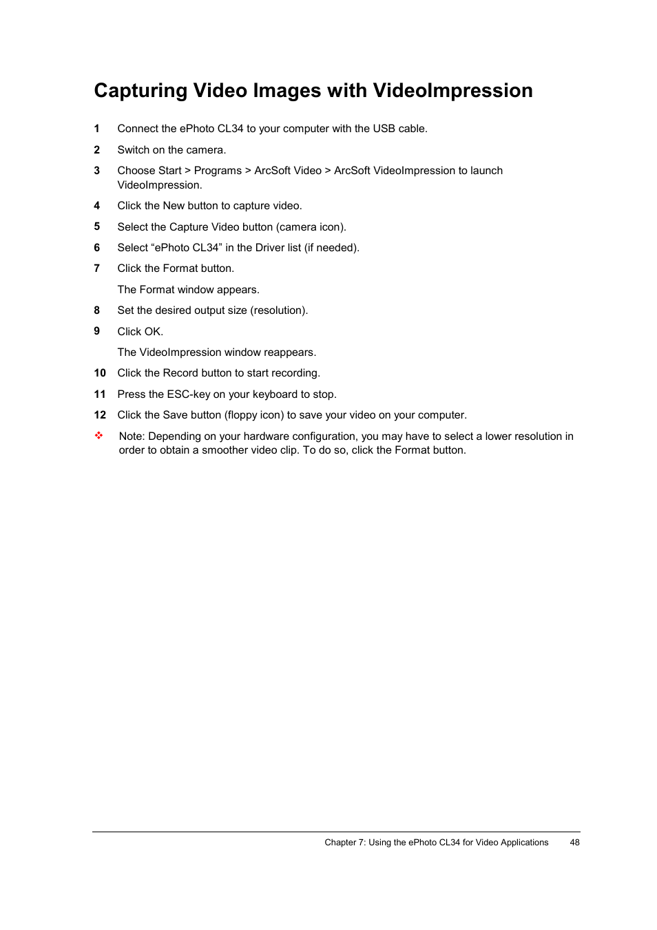 Capturing video images with videoimpression | AGFA ePhoto CL34 User Manual | Page 48 / 53