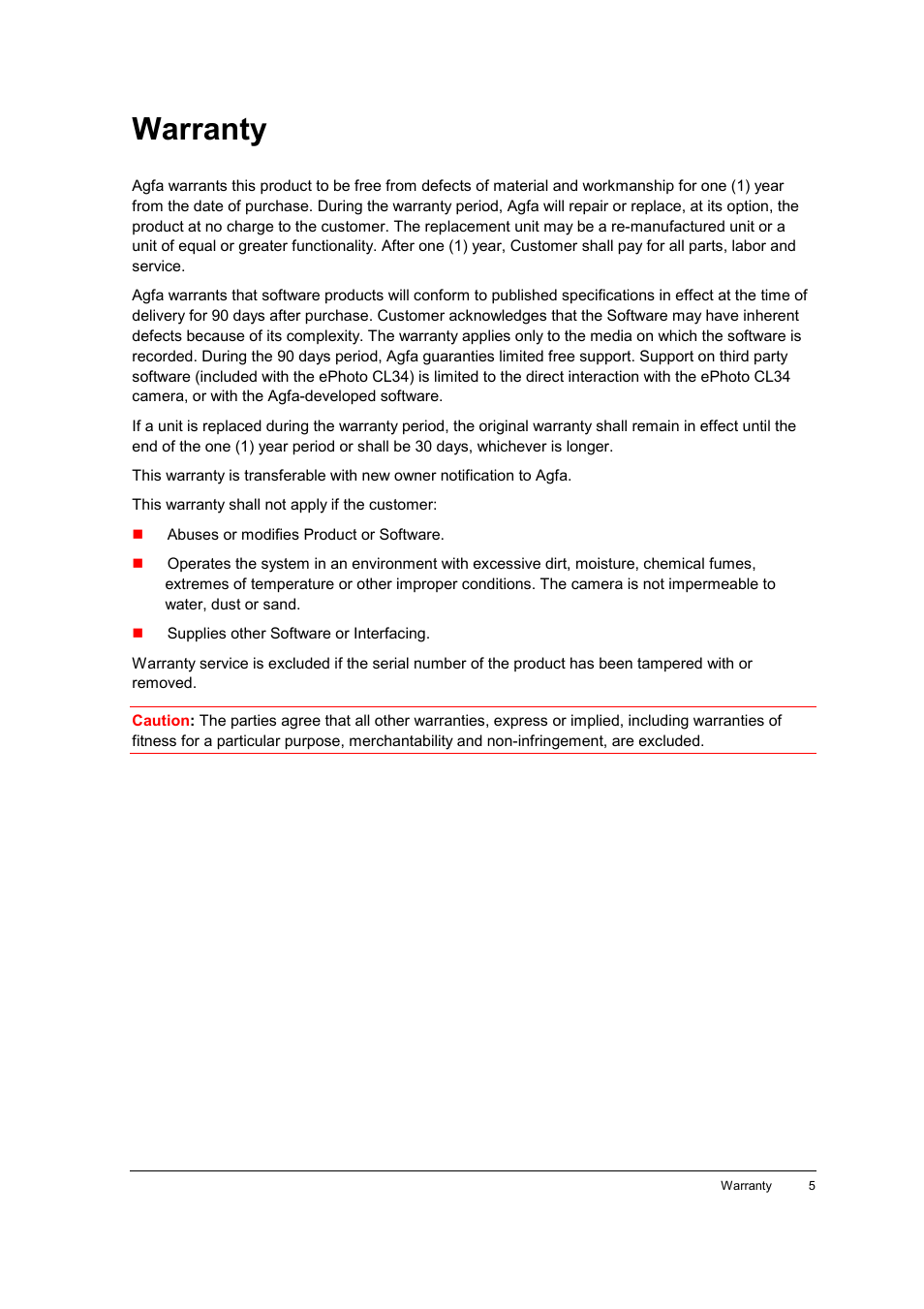 Warranty | AGFA ePhoto CL34 User Manual | Page 5 / 53