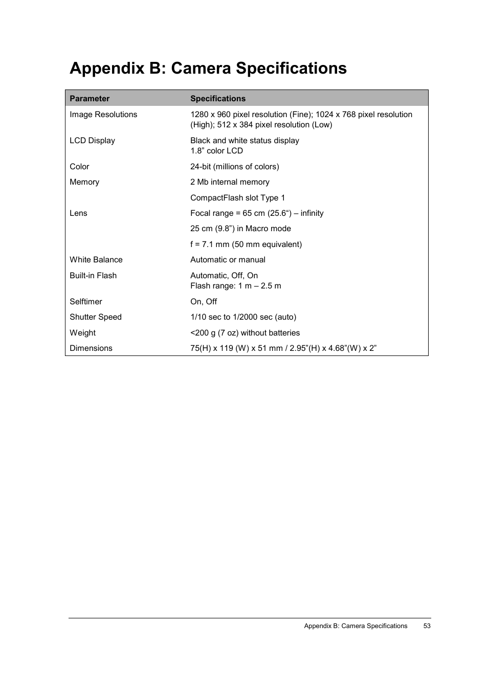 Appendix b: camera specifications | AGFA ePhoto CL34 User Manual | Page 53 / 53