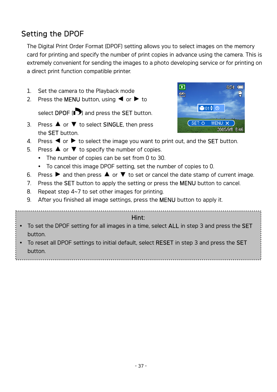 Setting the dpof | AGFA DC-630 User Manual | Page 38 / 52