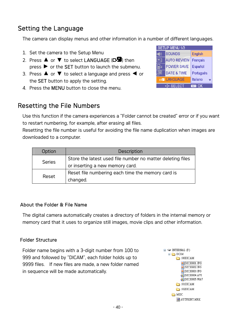 Setting the language, Resetting the file numbers | AGFA DC-630 User Manual | Page 41 / 52