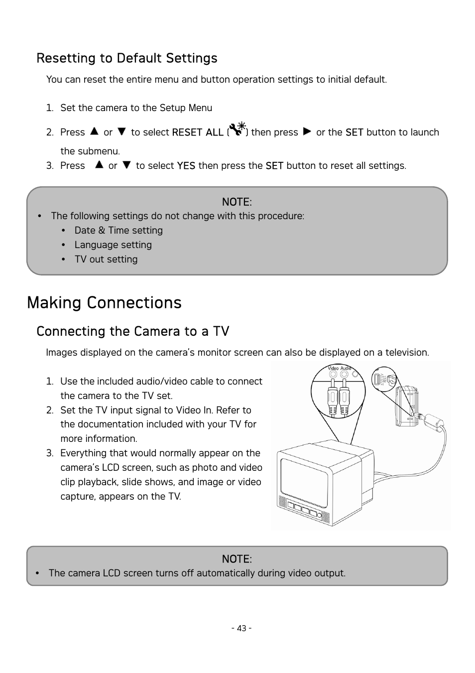 Making connections, Resetting to default settings, Connecting the camera to a tv | AGFA DC-630 User Manual | Page 44 / 52