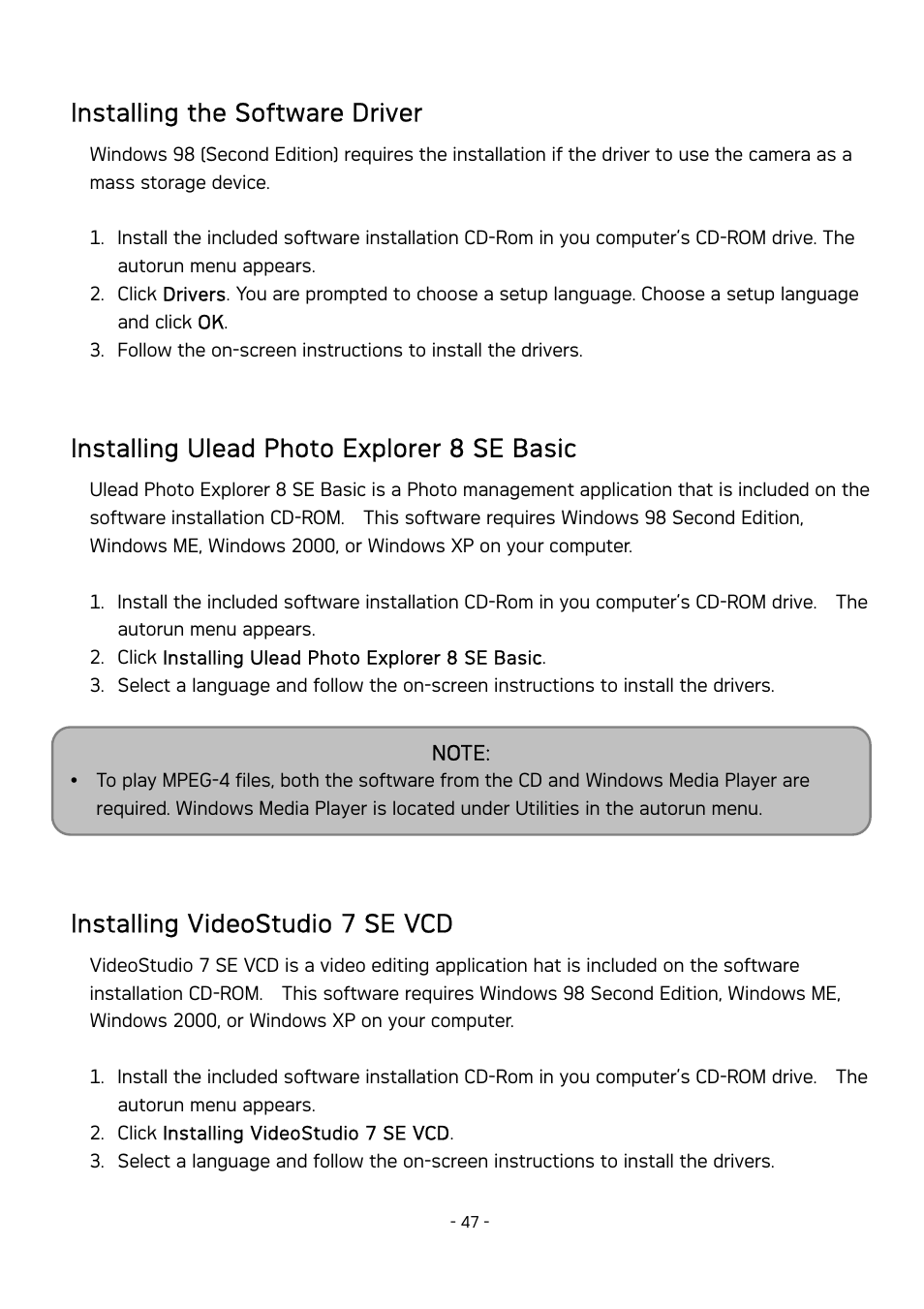 Installing the software driver, Installing ulead photo explorer 8 se basic, Installing videostudio 7 se vcd | AGFA DC-630 User Manual | Page 48 / 52