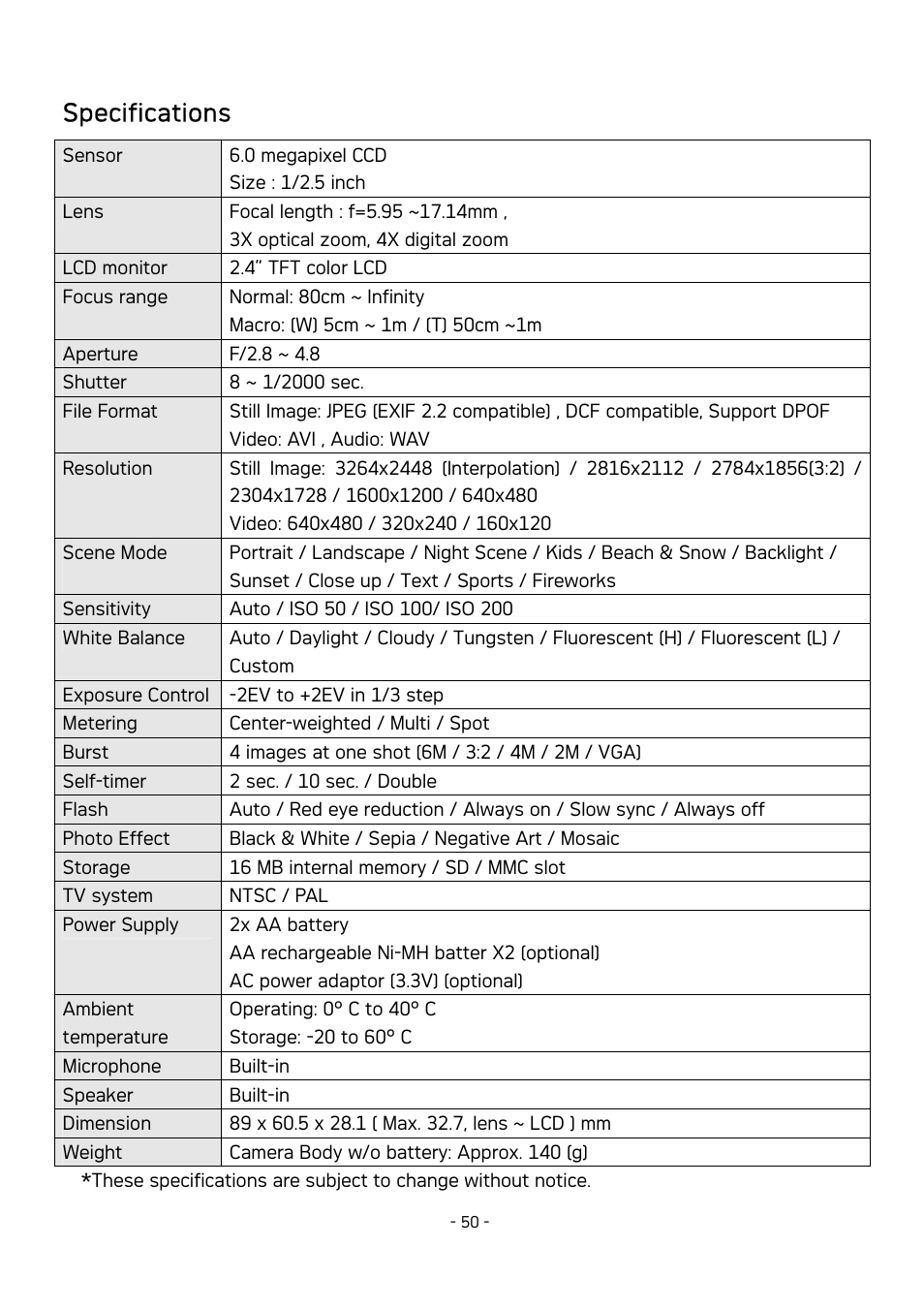 Specifications | AGFA DC-630 User Manual | Page 51 / 52