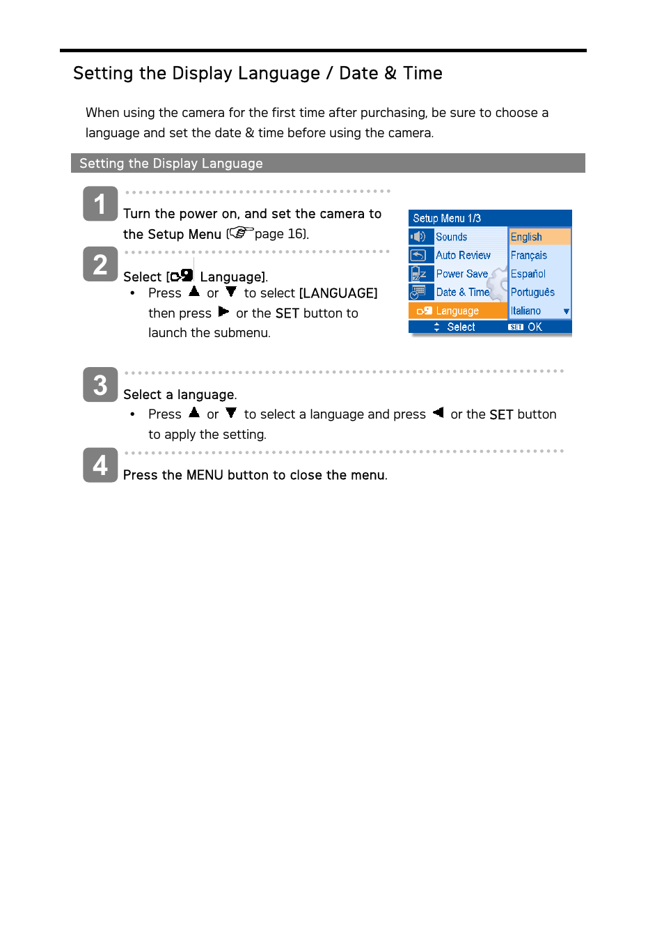 Setting the display language / date & time | AGFA DC-733i User Manual | Page 12 / 60