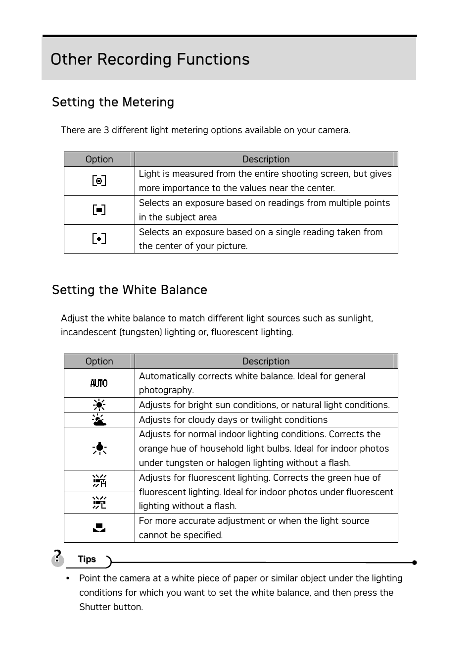 Other recording functions, Setting the metering, Setting the white balance | AGFA DC-733i User Manual | Page 34 / 60