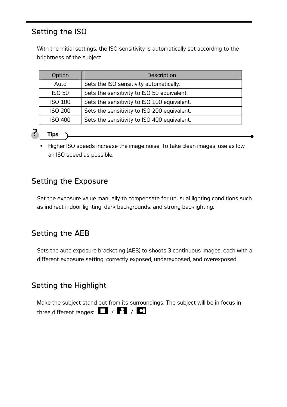 Setting the iso, Setting the exposure, Setting the aeb | Setting the highlight | AGFA DC-733i User Manual | Page 35 / 60