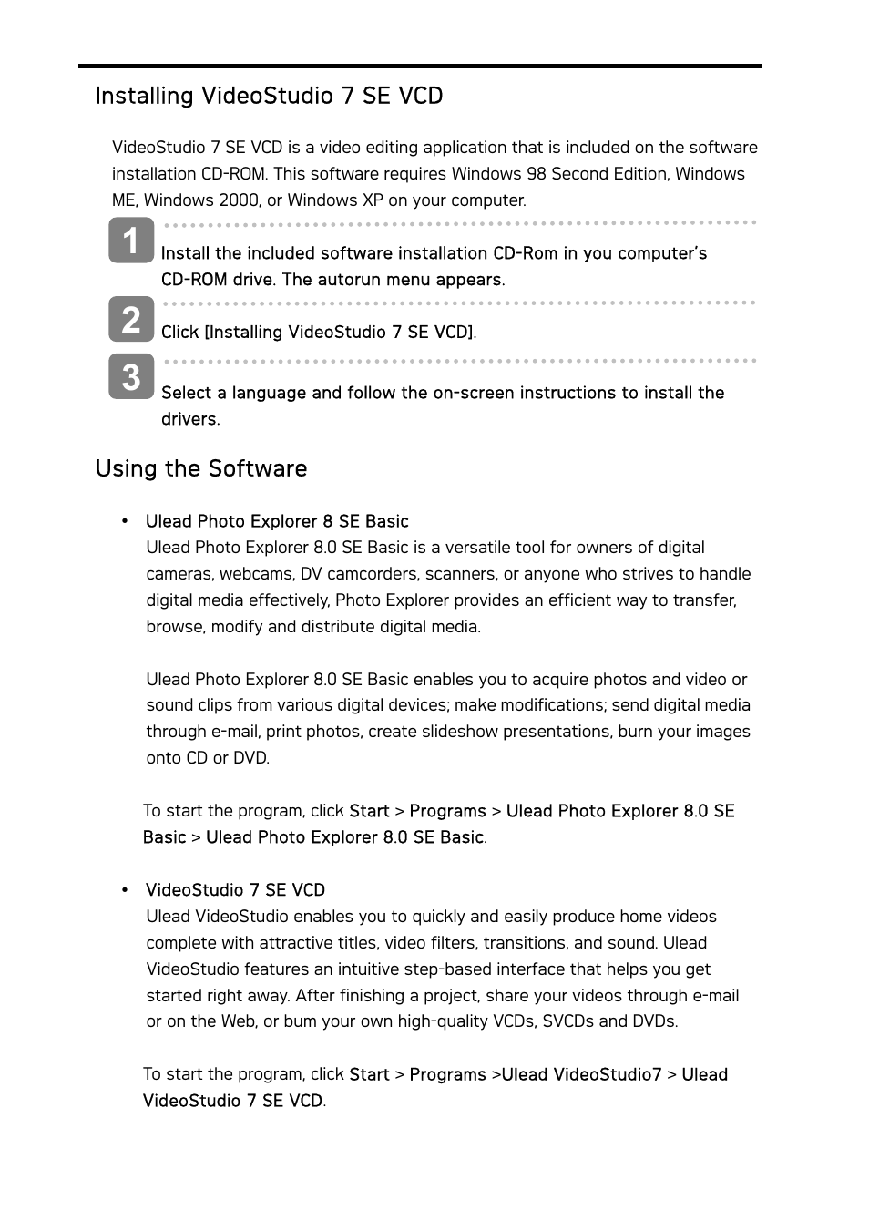 Installing videostudio 7 se vcd, Using the software | AGFA DC-733i User Manual | Page 53 / 60