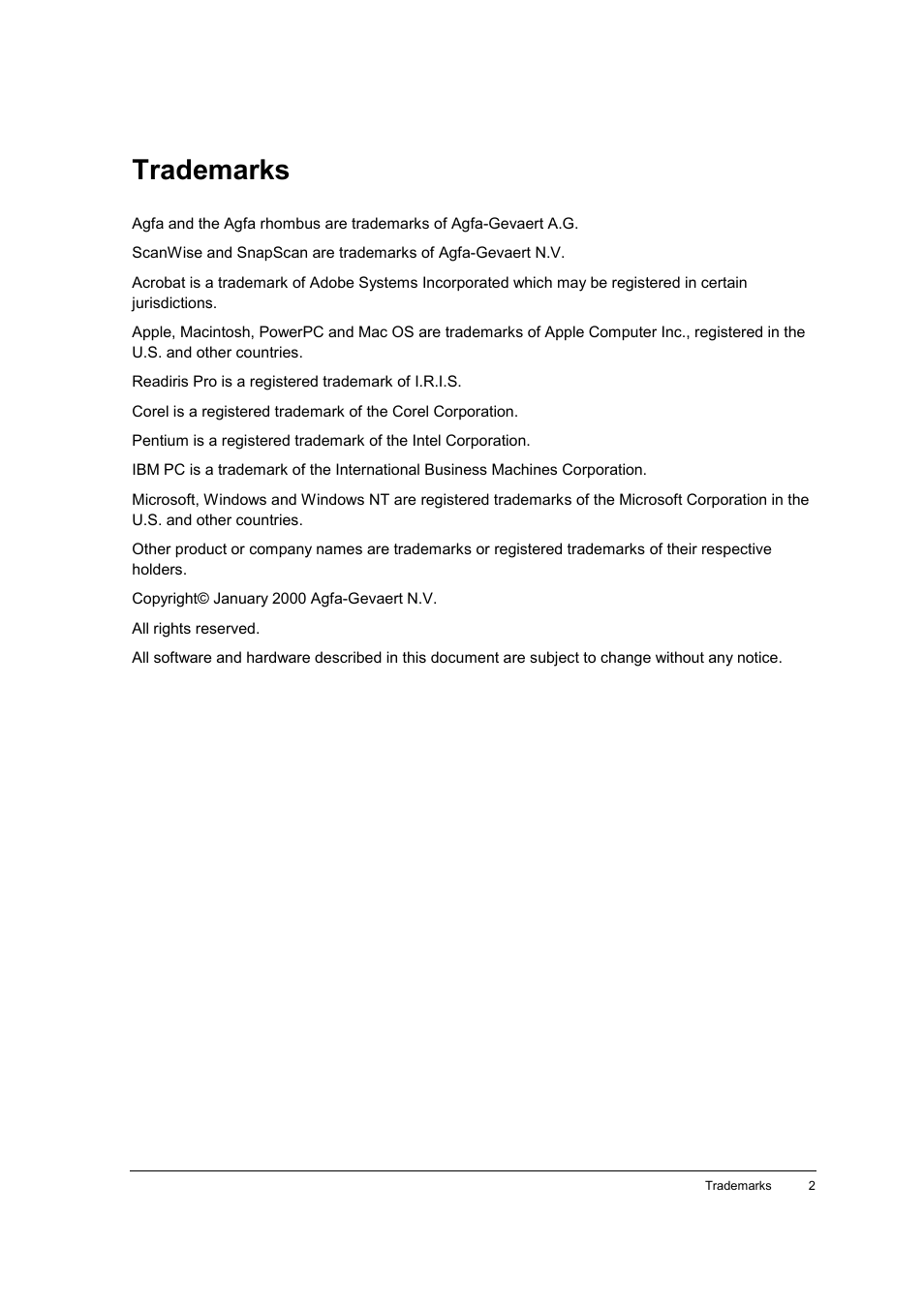 Trademarks | AGFA E40 User Manual | Page 2 / 60