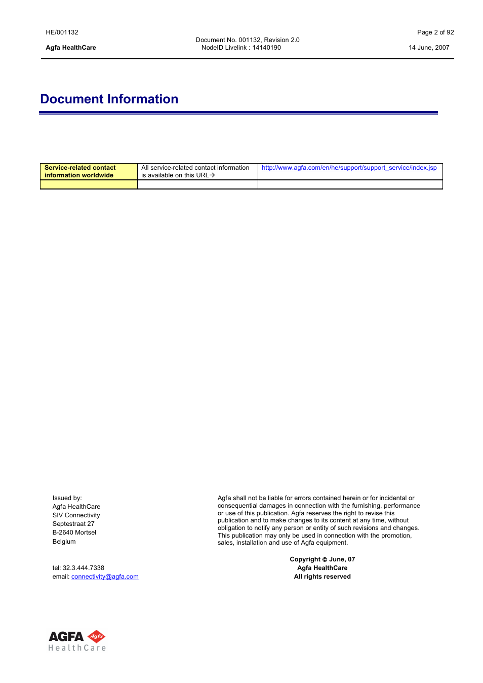 Document information | AGFA HE/001132 User Manual | Page 2 / 93