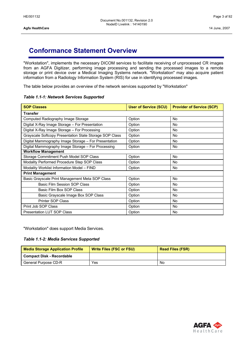 Conformance statement overview | AGFA HE/001132 User Manual | Page 3 / 93