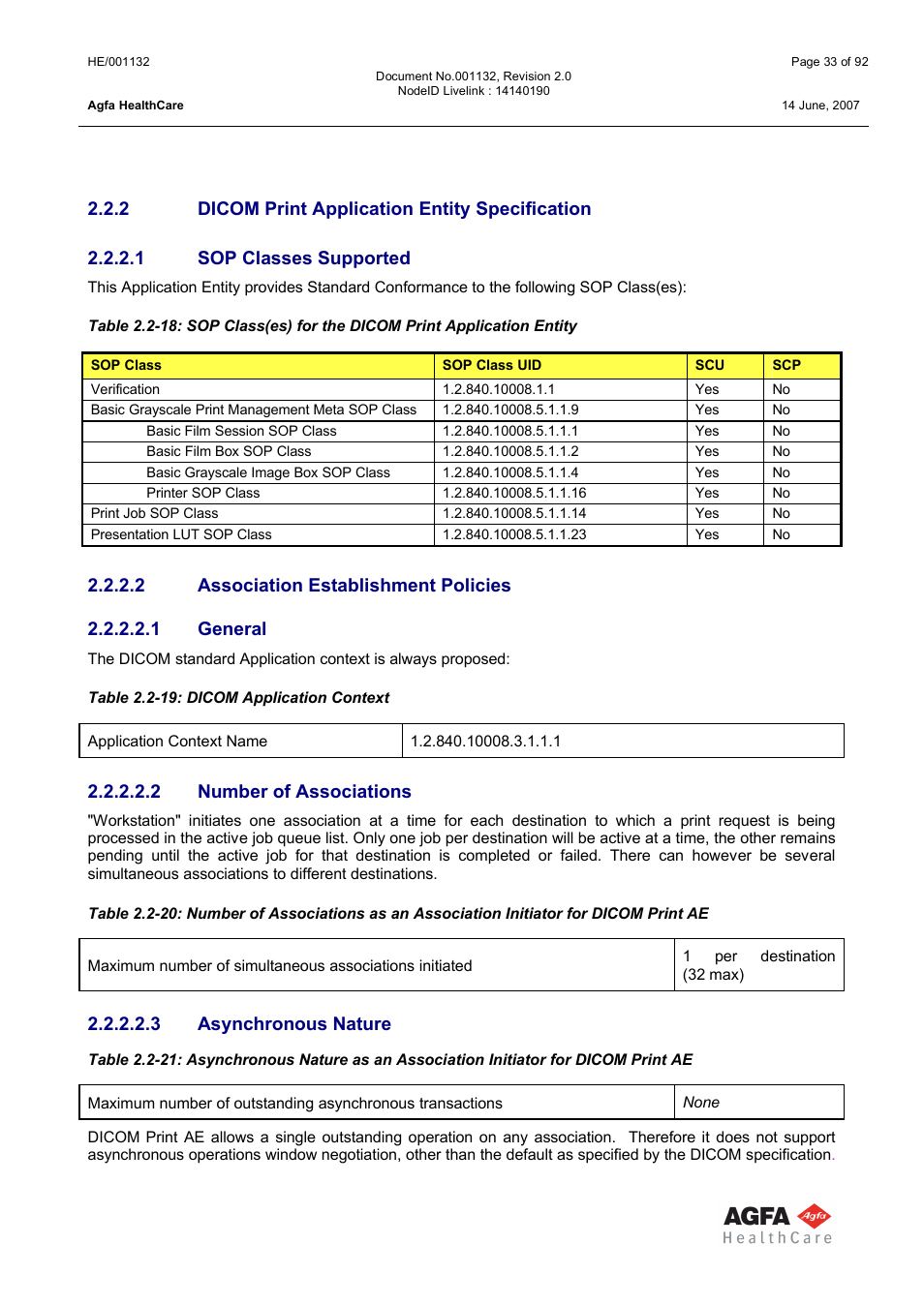 Dicom print application entity specification, Sop classes supported, Association establishment policies | General, Number of associations, Asynchronous nature, 2 number of associations, 3 asynchronous nature | AGFA HE/001132 User Manual | Page 33 / 93
