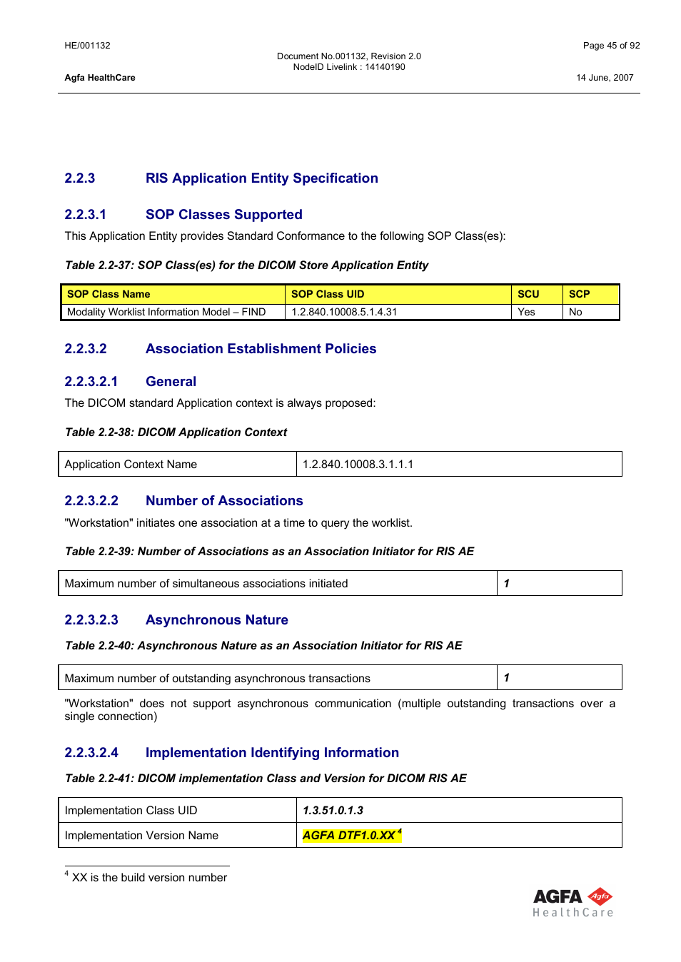 Ris application entity specification, Sop classes supported, Association establishment policies | General, Number of associations, Asynchronous nature, Implementation identifying information | AGFA HE/001132 User Manual | Page 45 / 93