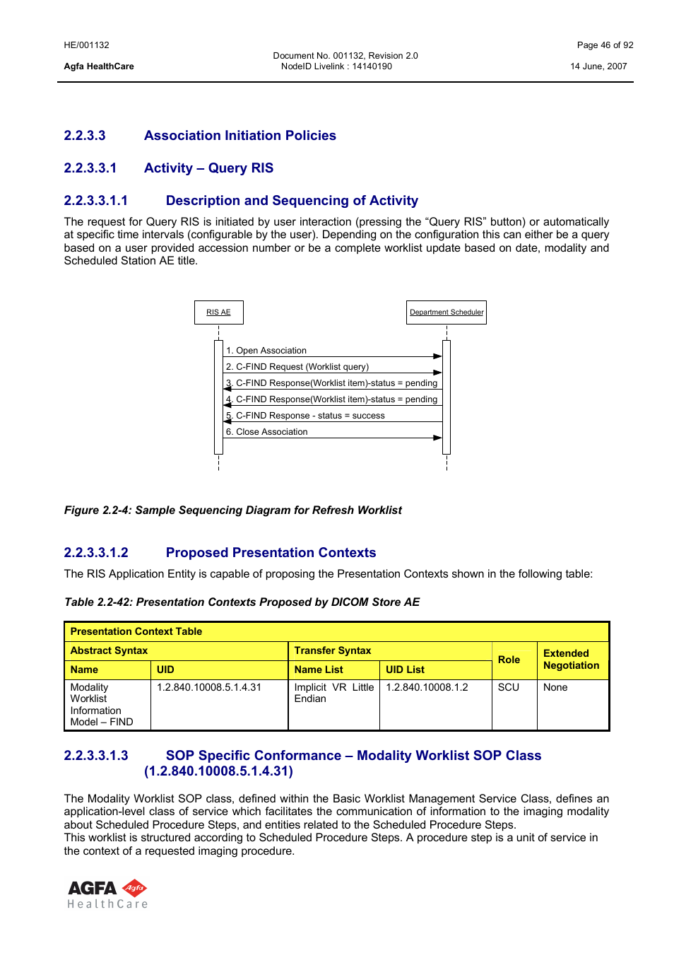 Association initiation policies, Activity – query ris, Description and sequencing of activity | Proposed presentation contexts, 2 proposed presentation contexts | AGFA HE/001132 User Manual | Page 46 / 93