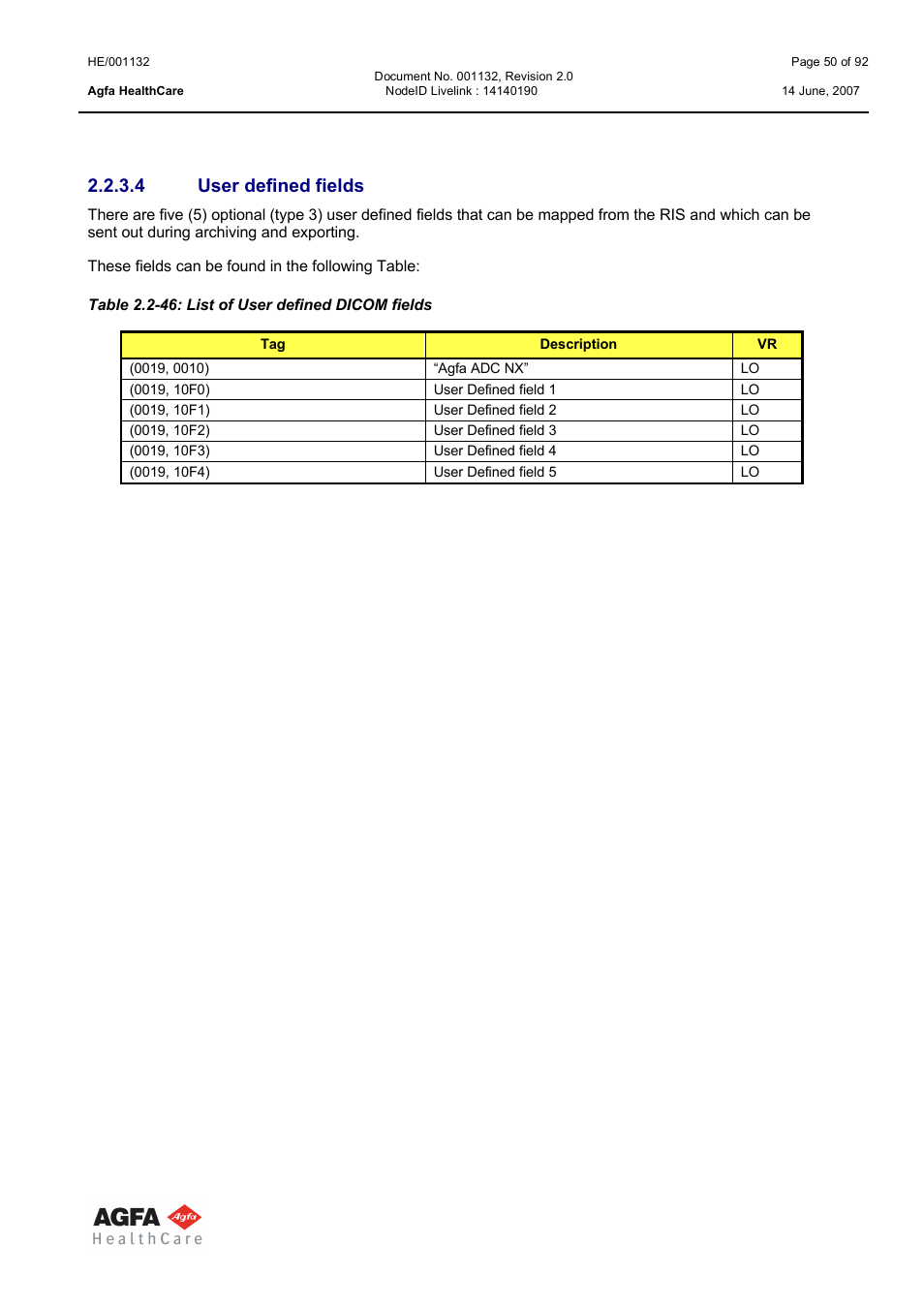 User defined fields, 4 user defined fields | AGFA HE/001132 User Manual | Page 50 / 93