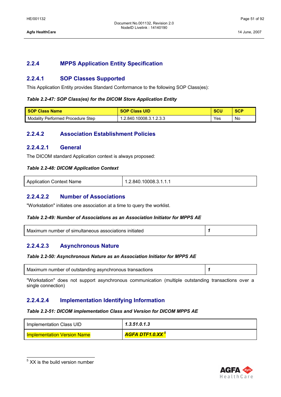 Mpps application entity specification, Sop classes supported, Association establishment policies | General, Number of associations, Asynchronous nature, Implementation identifying information | AGFA HE/001132 User Manual | Page 51 / 93