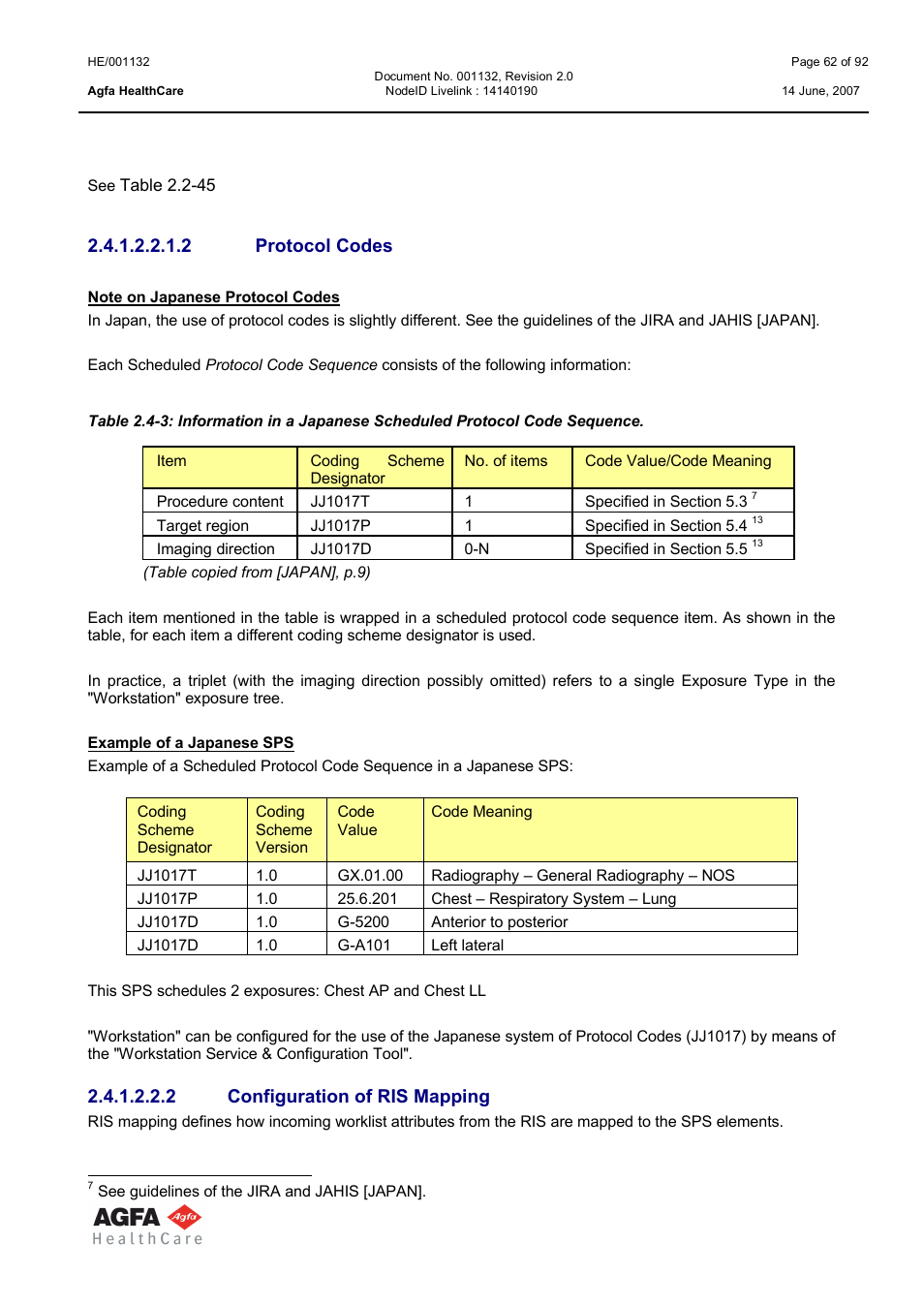 Protocol codes, Configuration of ris mapping, 2 protocol codes | 2 configuration of ris mapping | AGFA HE/001132 User Manual | Page 62 / 93