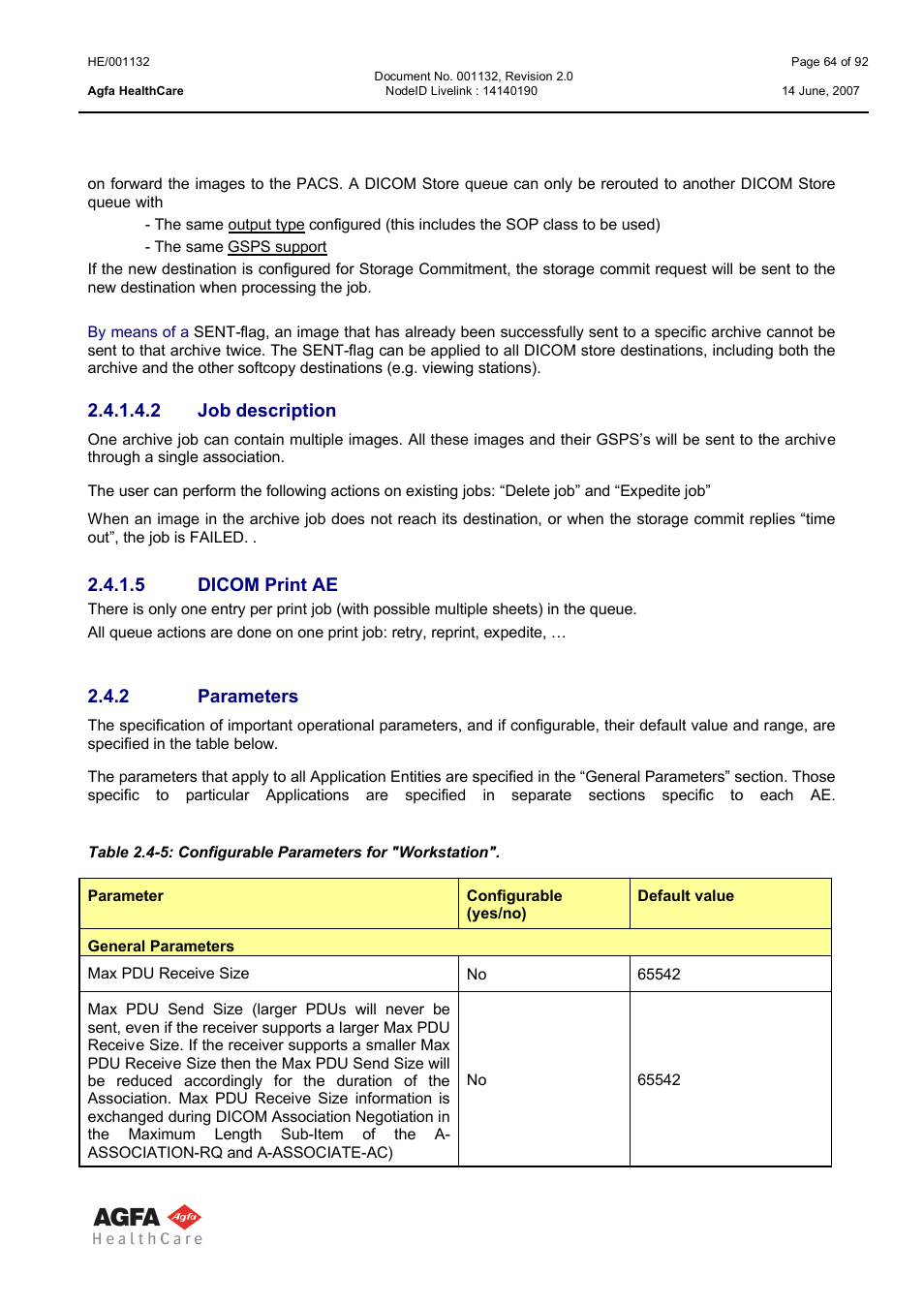 Job description, Dicom print ae, Parameters | AGFA HE/001132 User Manual | Page 64 / 93