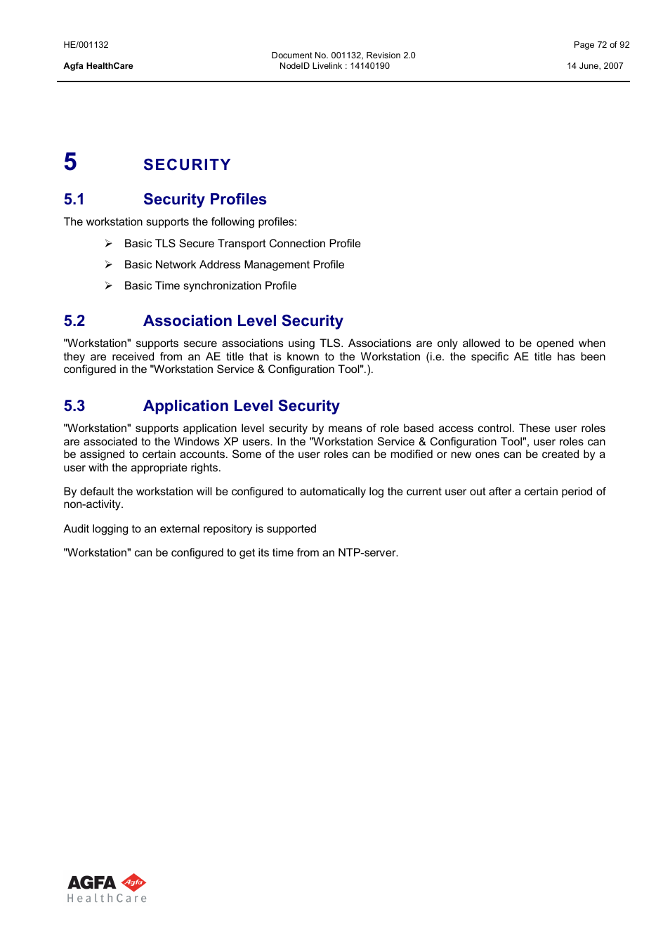 Security 5.1 security profiles, 2 association level security, 3 application level security | AGFA HE/001132 User Manual | Page 72 / 93