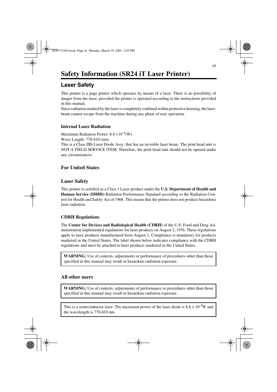 Safety information (msp 3000 printer), Safety information ( sr24 it laser printer), Laser safety | AGFA IT SR 24 User Manual | Page 10 / 91