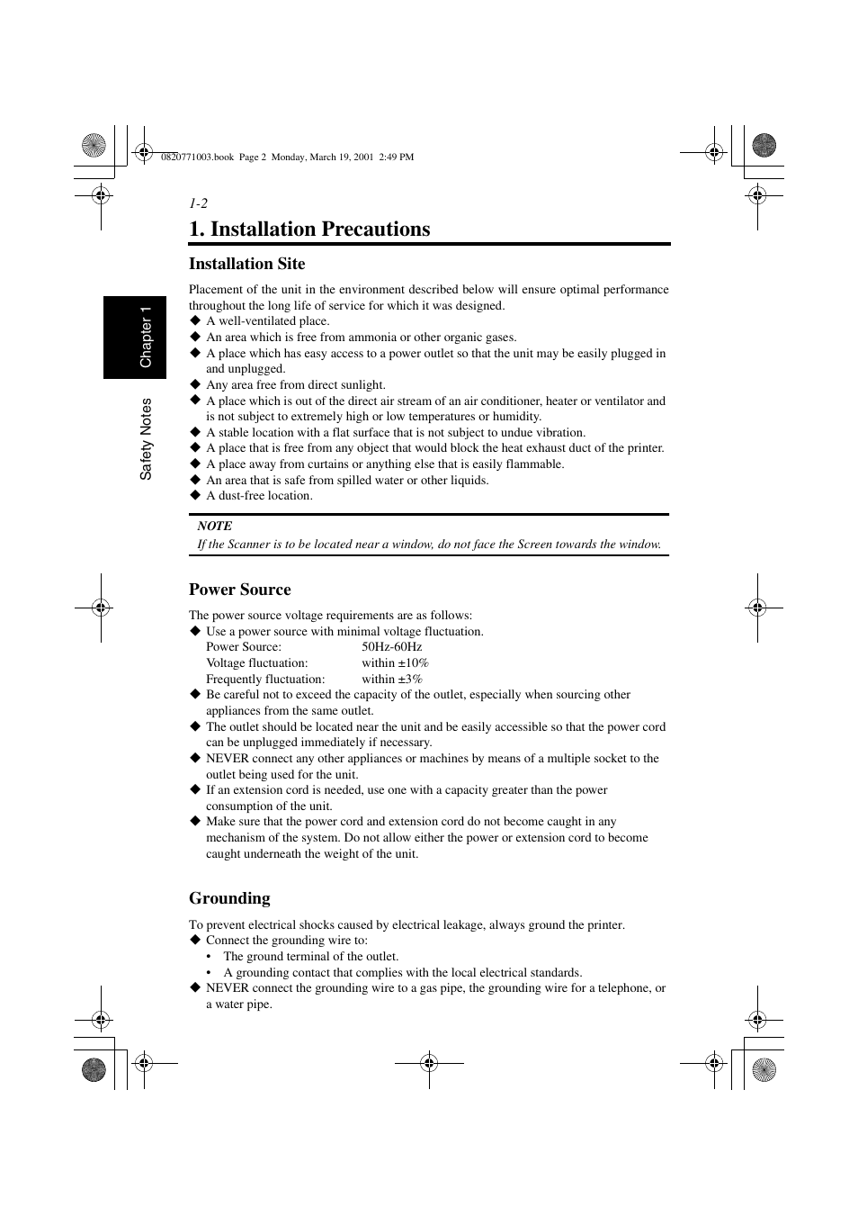 Installation precautions, Installation site, Power source | Grounding, Installation precautions -2, Installation site -2 power source -2 grounding -2 | AGFA IT SR 24 User Manual | Page 19 / 91