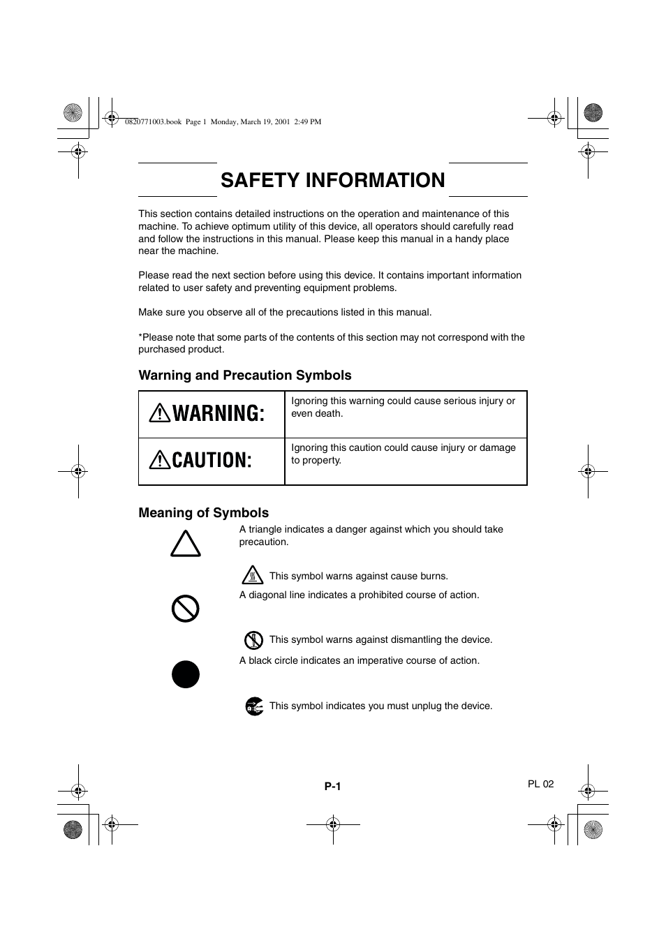 Safety information, Warning and precaution symbols meaning of symbols | AGFA IT SR 24 User Manual | Page 2 / 91