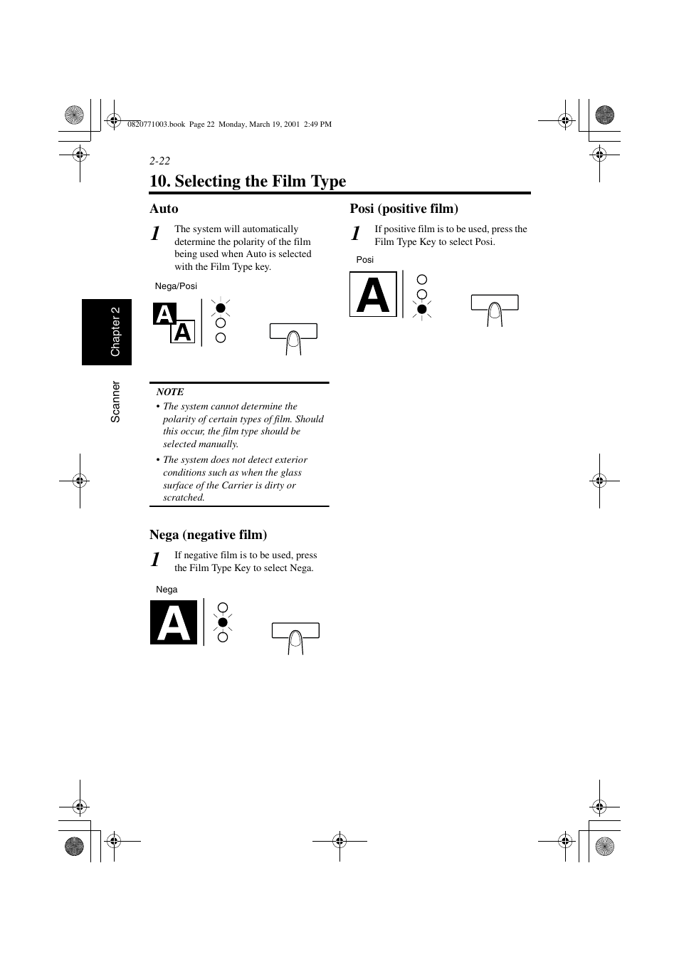 Selecting the film type, Auto, Nega (negative film) | Posi (positive film), Selecting the film type -22 | AGFA IT SR 24 User Manual | Page 47 / 91