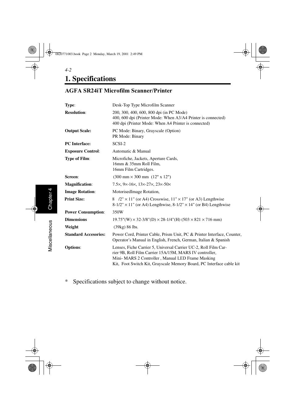 Specifications, Ms 6000, Specifications -2 | Sr24 it -2 | AGFA IT SR 24 User Manual | Page 83 / 91