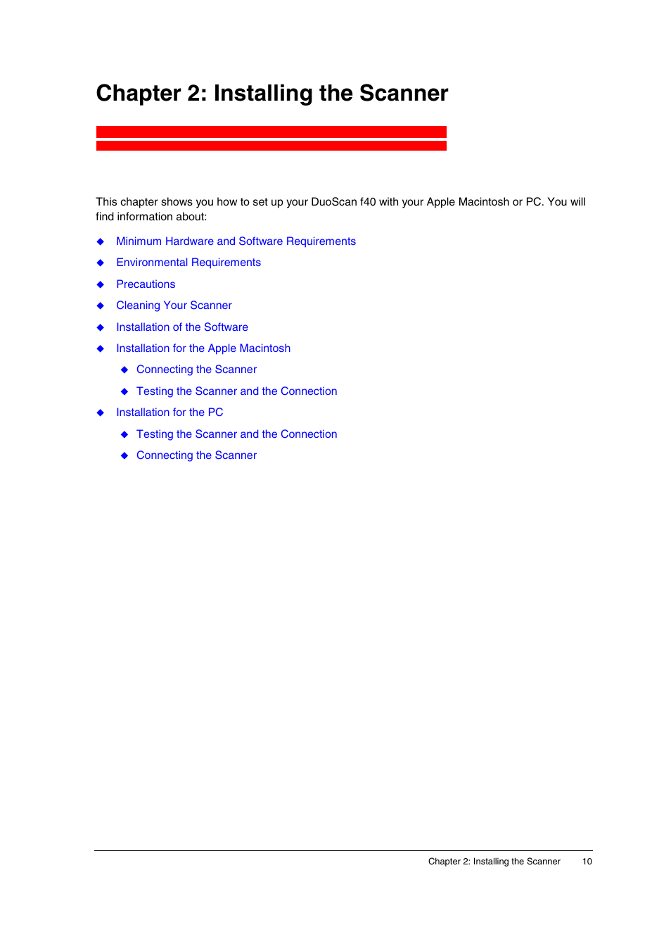 Chapter 2: installing the scanner | AGFA DuoScan f40 User Manual | Page 10 / 36