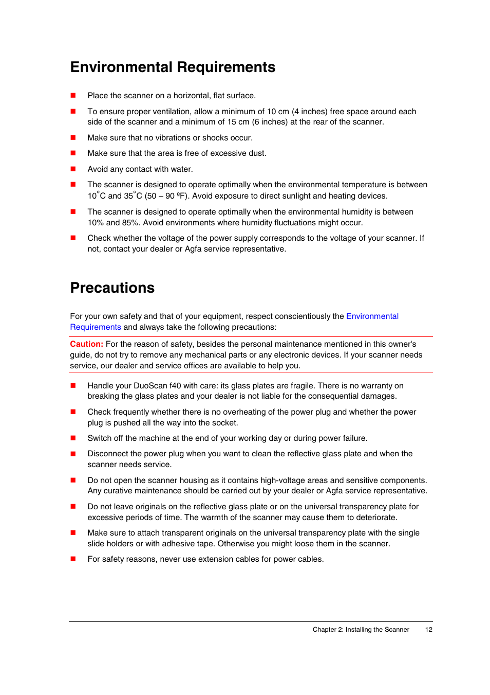 Environmental requirements, Precautions | AGFA DuoScan f40 User Manual | Page 12 / 36