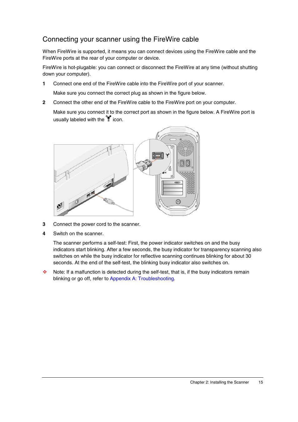 Connecting your scanner using the firewire cable | AGFA DuoScan f40 User Manual | Page 15 / 36