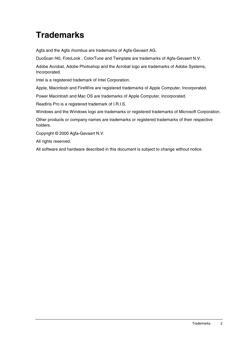 Trademarks | AGFA DuoScan f40 User Manual | Page 2 / 36