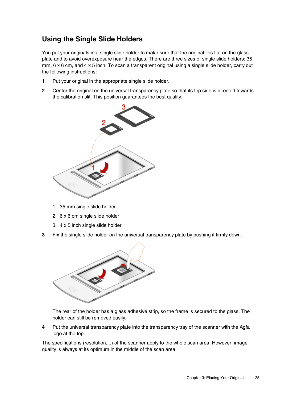 Using the single slide holders | AGFA DuoScan f40 User Manual | Page 25 / 36
