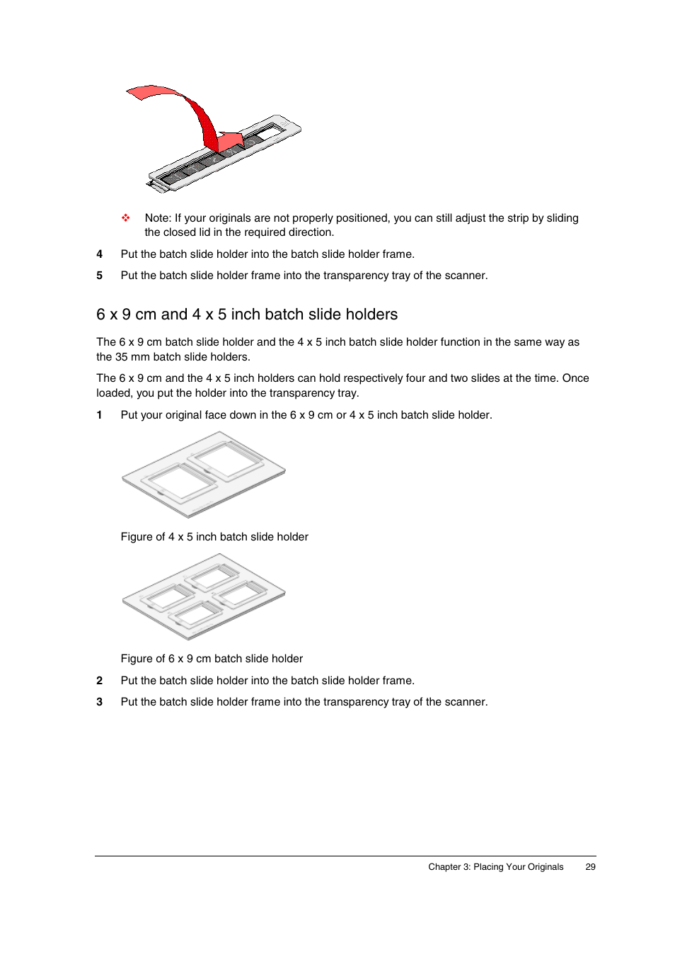 6 x 9 cm and 4 x 5 inch batch slide holders | AGFA DuoScan f40 User Manual | Page 29 / 36