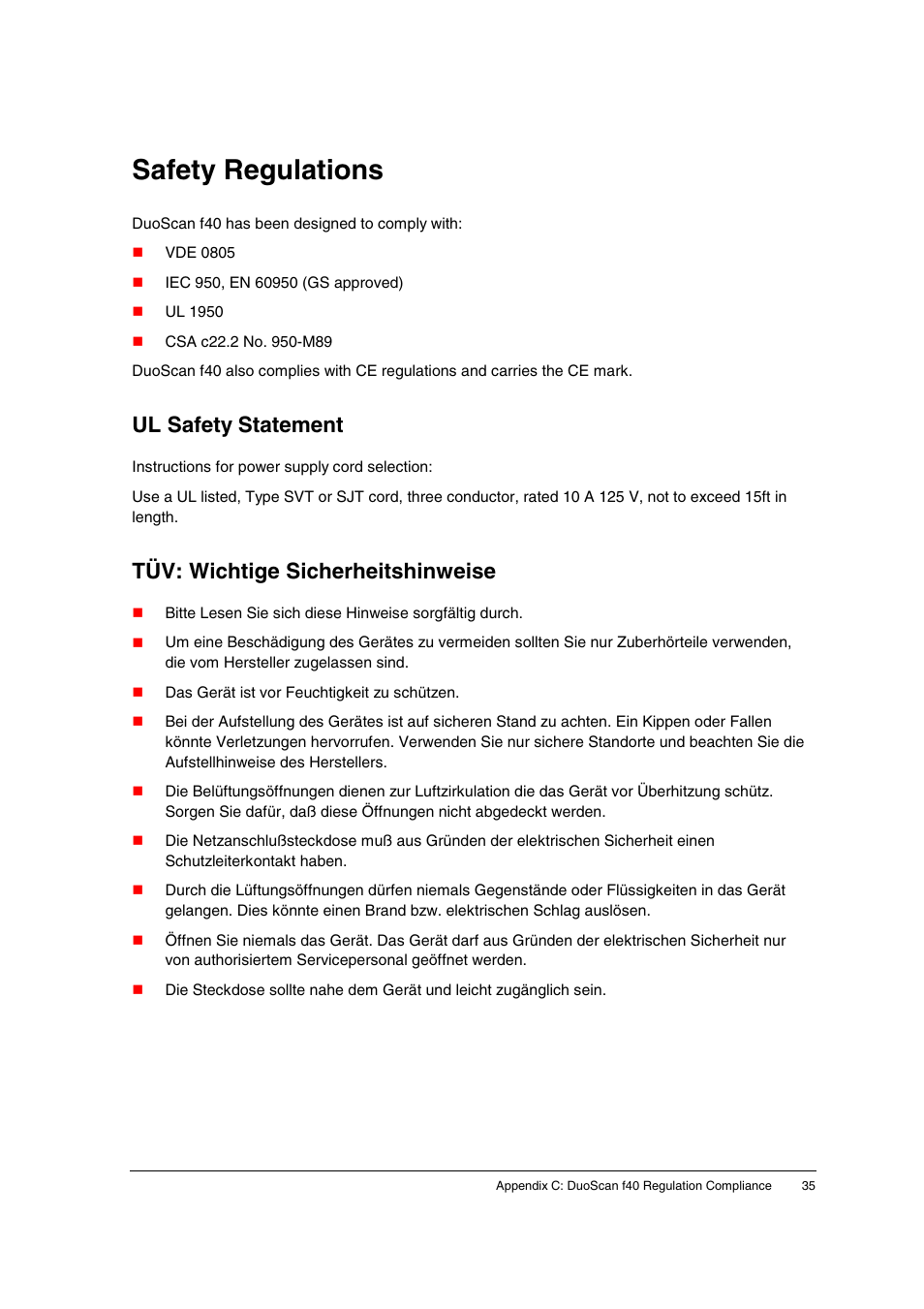 Safety regulations, Ul safety statement, Tüv: wichtige sicherheitshinweise | AGFA DuoScan f40 User Manual | Page 35 / 36