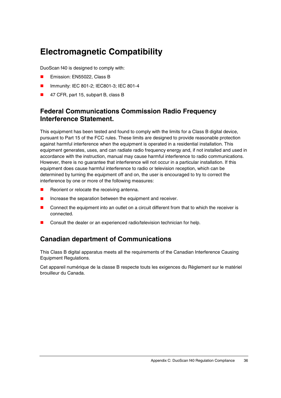 Electromagnetic compatibility, Canadian department of communications | AGFA DuoScan f40 User Manual | Page 36 / 36