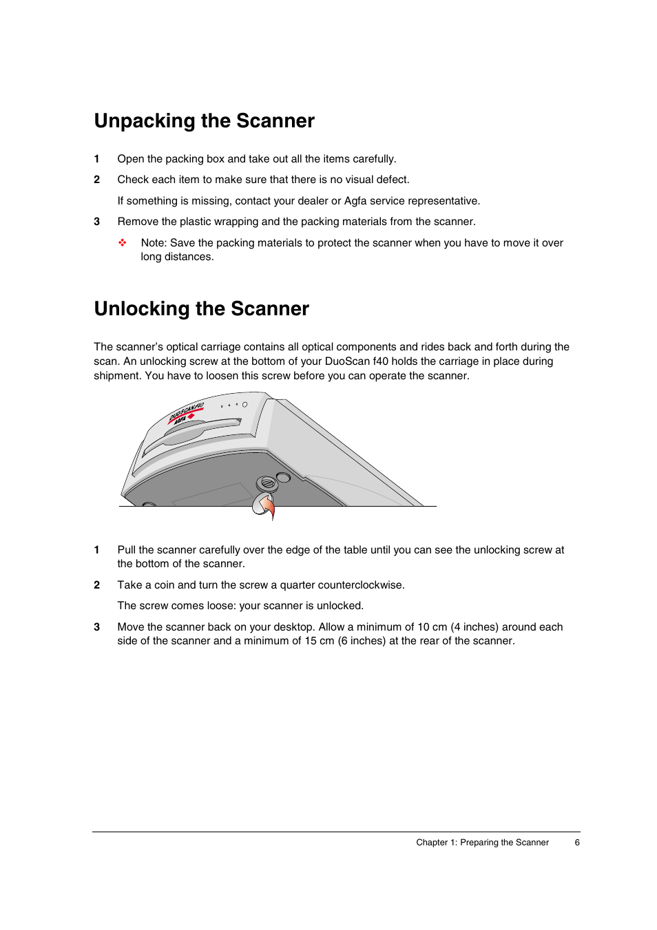 Unpacking the scanner, Unlocking the scanner | AGFA DuoScan f40 User Manual | Page 6 / 36