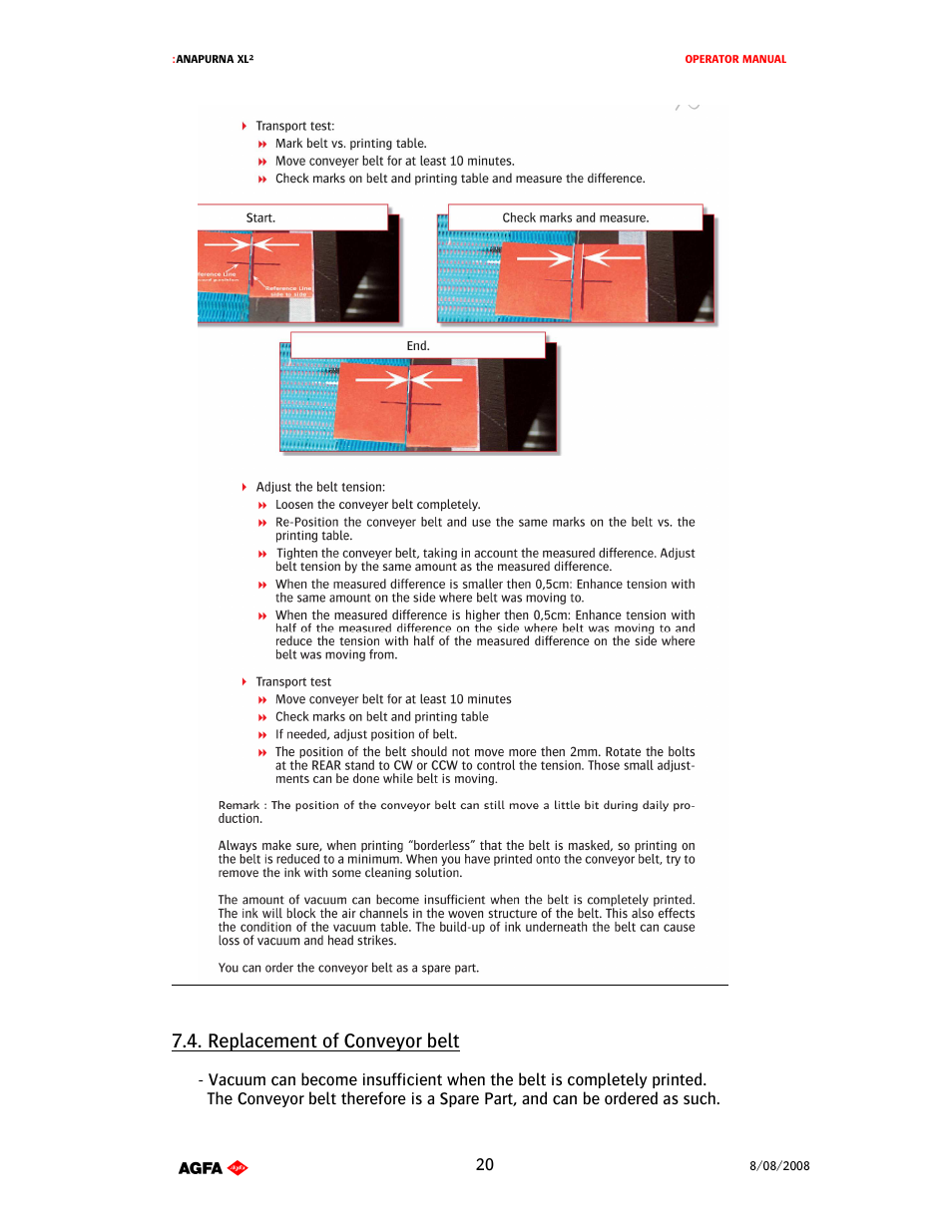 Replacement of conveyor belt | AGFA 1 User Manual | Page 20 / 54