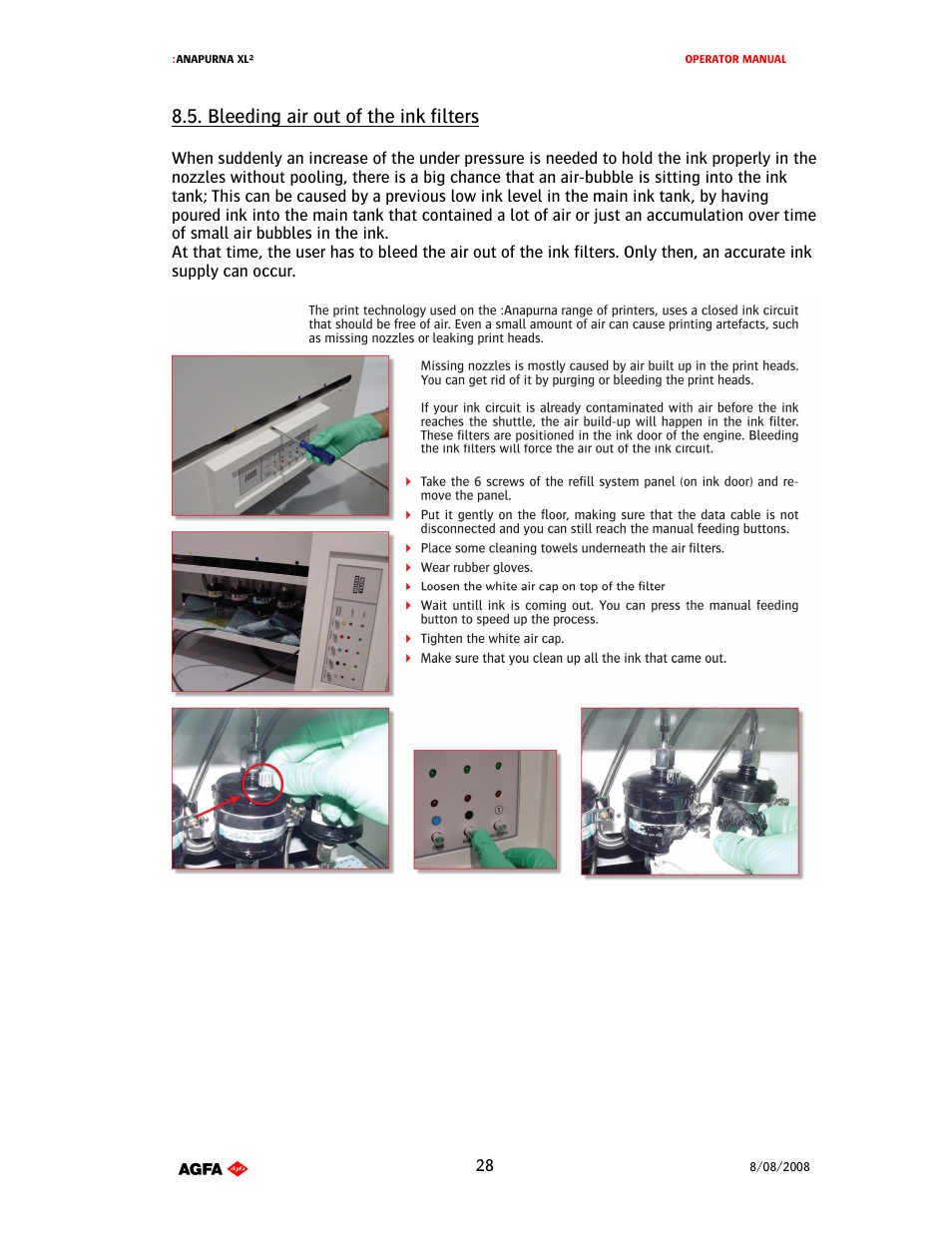 Bleeding air out of the ink filters | AGFA 1 User Manual | Page 28 / 54