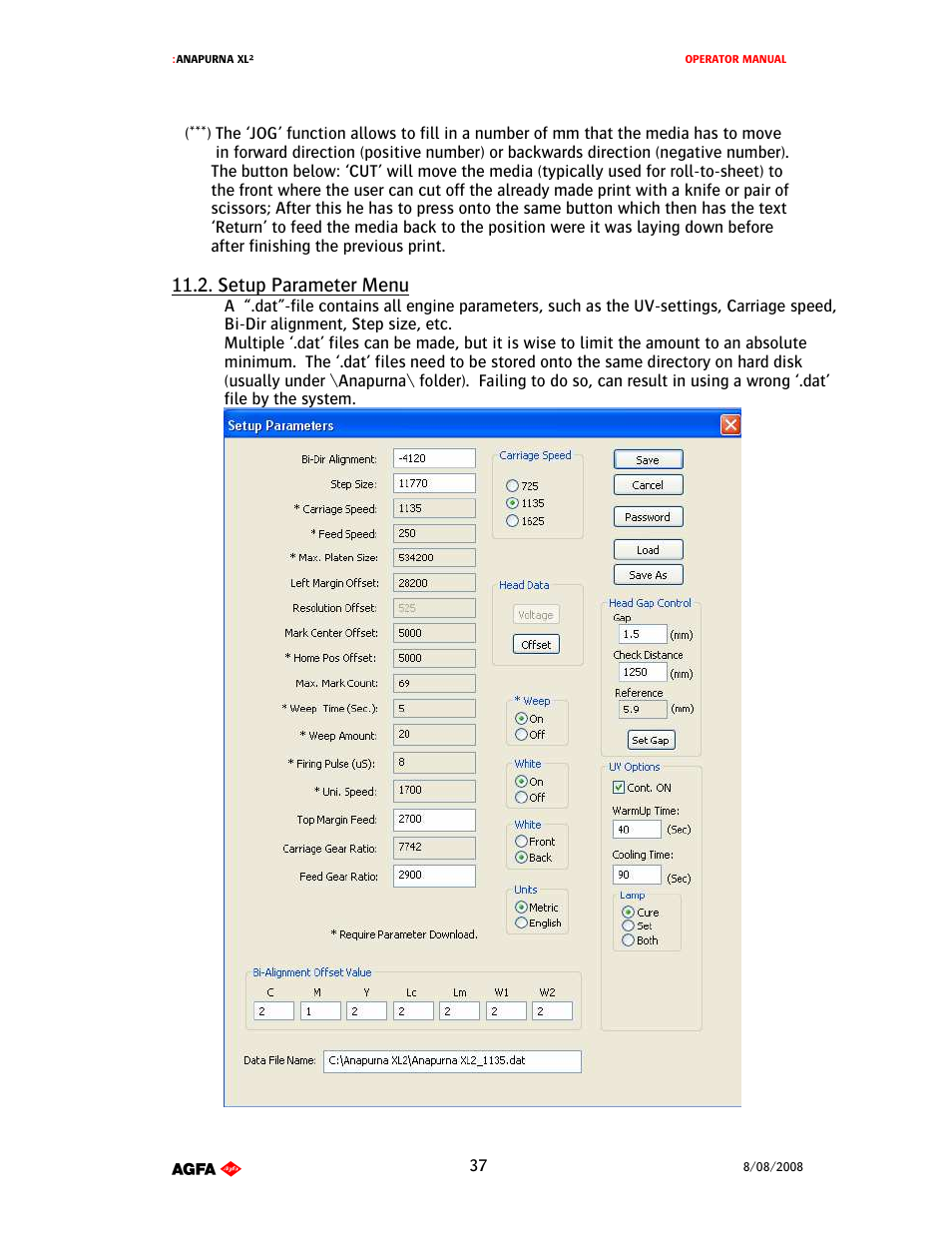 Setup parameter menu | AGFA 1 User Manual | Page 37 / 54