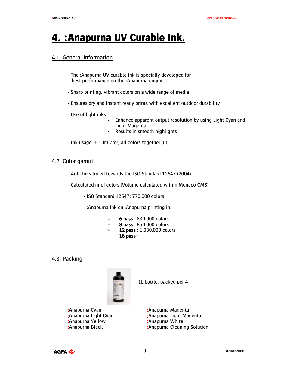 :anapurna uv curable ink | AGFA 1 User Manual | Page 9 / 54