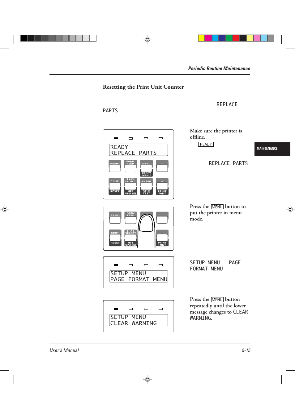 Resetting the print unit counter, User’s manual 5-15, Periodic routine maintenance | Replace parts, Setup menu page format menu, Clear warning | AGFA TM 14ADV User Manual | Page 116 / 158