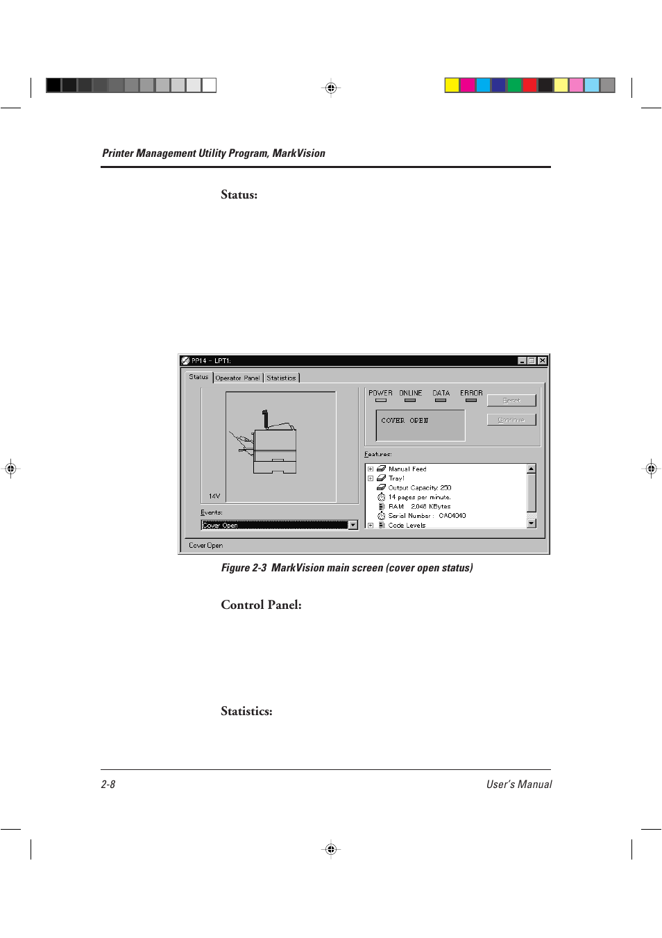 Status, Control panel, Statistics | AGFA TM 14ADV User Manual | Page 53 / 158