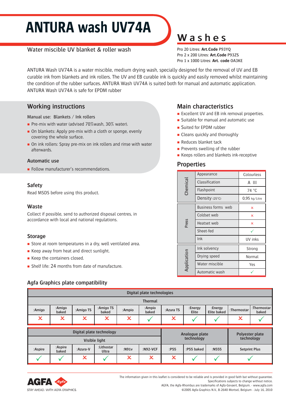 AGFA ANTURA WASH UV74A User Manual | 1 page